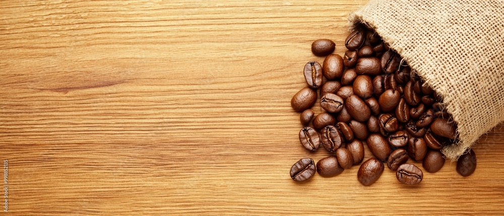 Coffee beans spill from a burlap sack on a wooden table, beside another full burlap sack Coffee beans spill from a burlap sack on a wooden table, beside another full burlap sack