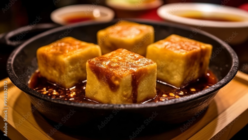 Deliciously grilled tofu cubes in a savory sauce ready to be savored Deliciously grilled tofu cubes in a savory sauce ready to be savored