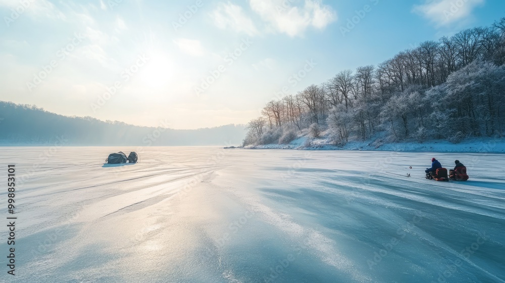 Ice fishing on a frozen lake, peaceful winter activity Ice fishing on a frozen lake, peaceful winter activity