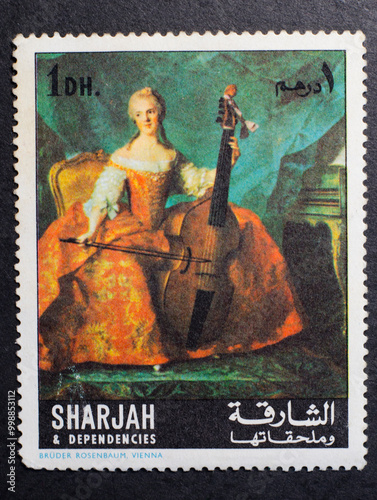 Vintage postage stamp painting portrait of a young lady with cello