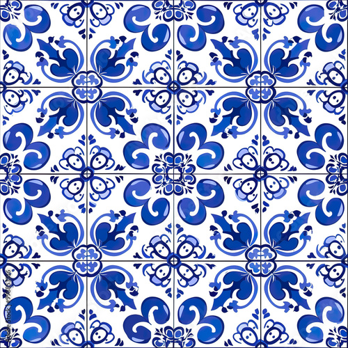 Seamless ornate azulejo ceramic tile art pattern wallpaper background backdrop. Blue abstract ornaments, glazed tilework from Spain and Portugal