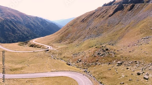 View from a drone of an flock of sheep near an mountain road