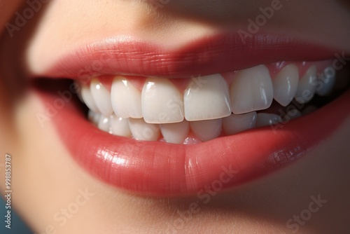 Close up of a womans mouth with white teeth and red lips