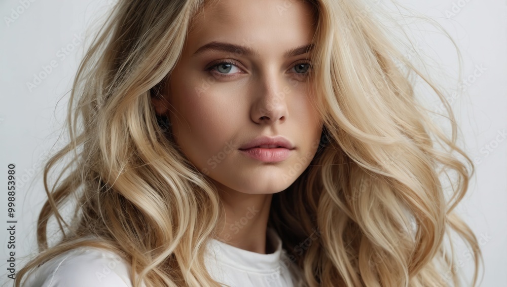 Blonde woman with long hair and a white shirt Blonde woman with long hair and a white shirt