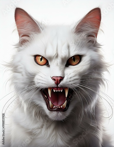 White cat with Vampire teeth