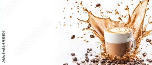 A cappuccino spills from a cup, drenching coffee beans