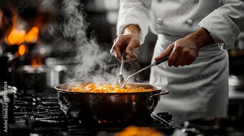 Chef Stirring a Pot of Steaming Orange Sauce