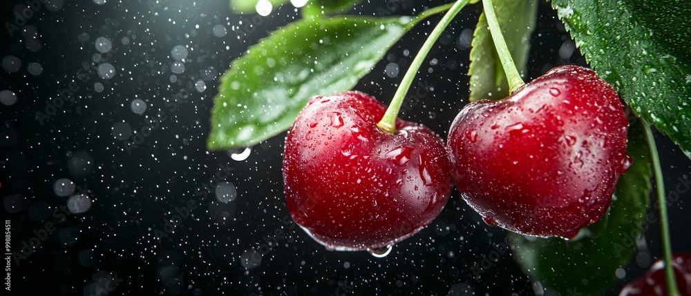 A few cherries dangle from a tree against a black backdrop, leaves glistening with water droplets and a vibrant green hue A few cherries dangle from a tree against a black backdrop, leaves glistening with water droplets and a vibrant green hue