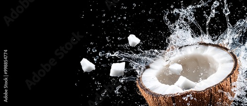  A tight shot of a split coconut, water cascading over it, and ice cubes encircling the edge