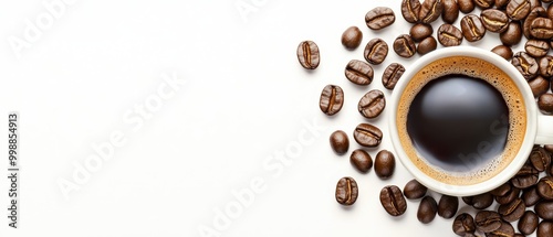  A cup of coffee against a white backdrop, surrounded by roasted beans