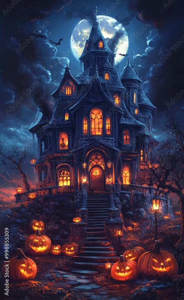 A house shrouded in mystery, adorned with pumpkins at its doorstep, under a full moon's silvery glow A house shrouded in mystery, adorned with pumpkins at its doorstep, under a full moon's silvery glow