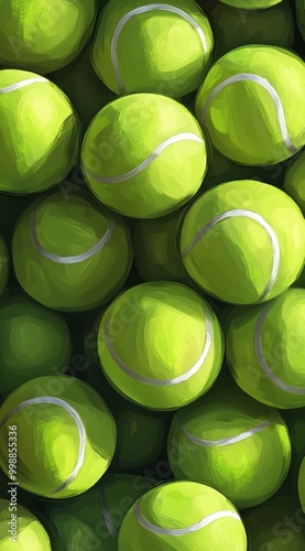  A stack of green tennis balls with a white midline photo