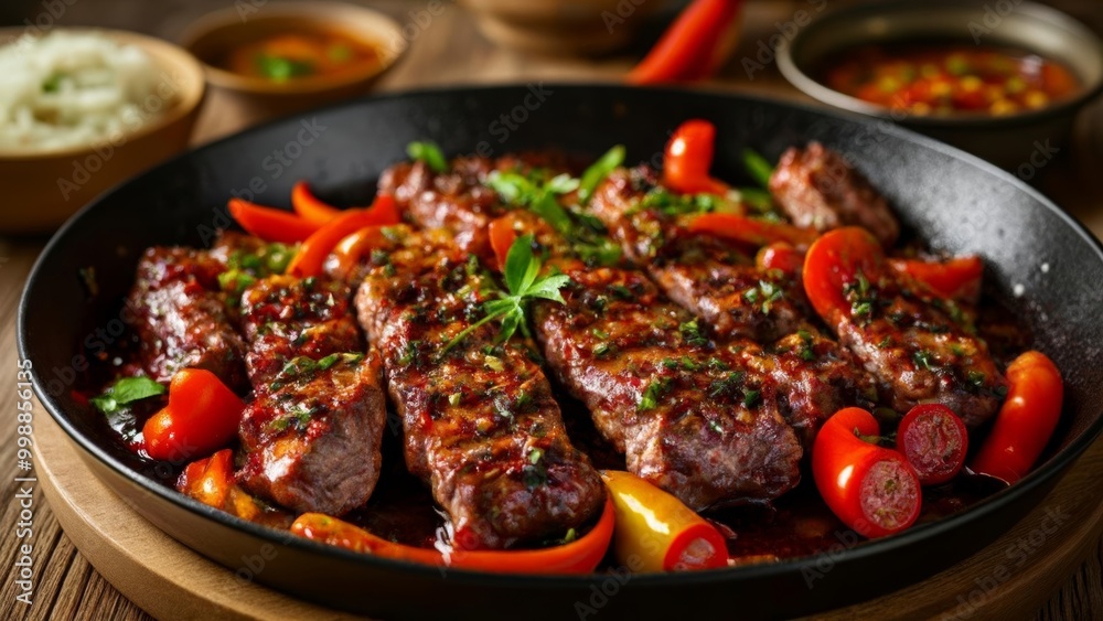 Deliciously grilled meat with vibrant peppers ready to be savored Deliciously grilled meat with vibrant peppers ready to be savored