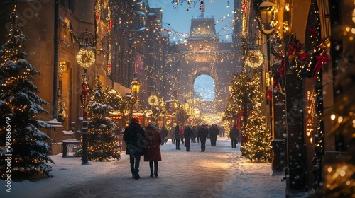 Winter cities transformed by snow and holiday decorations, with bustling streets and historic landmarks illuminated by festive lights #998856549