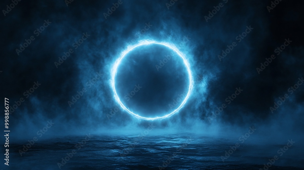 Glowing blue circle in a dark and smoky background. Glowing blue circle in a dark and smoky background.