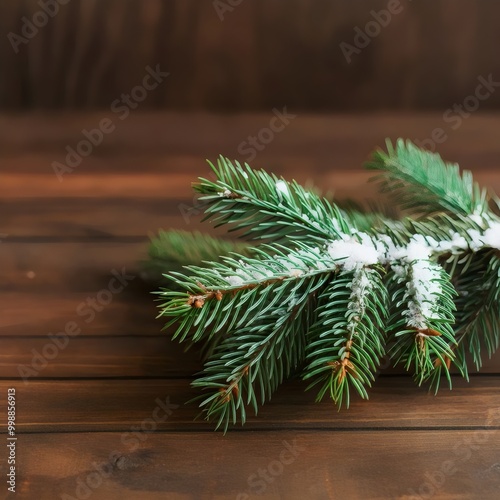Fir branch with snow on needles on wooden boards. 3D rendering.