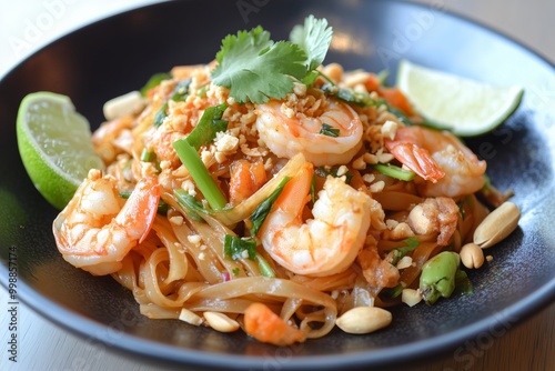 vibrant plate of Pad Thai, featuring stir-fried noodles topped with fresh shrimp, crushed peanuts, and a garnish of lime wedges and cilantro