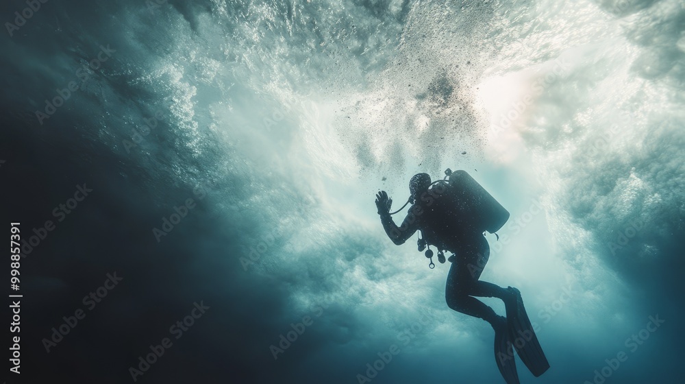 A diver breaking through a frozen lake, sunlight filtering through the ice, revealing a vibrant underwater world teeming with life even in the coldest months. A diver breaking through a frozen lake, sunlight filtering through the ice, revealing a vibrant underwater world teeming with life even in the coldest months.