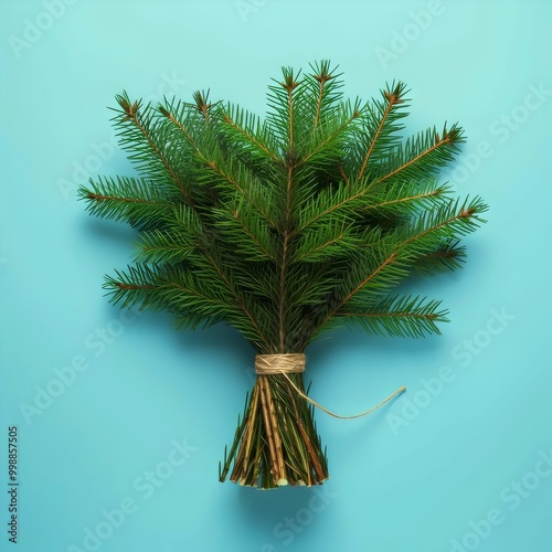 A bouquet of pine branches tied with a rope on a light blue background. 3D rendering.