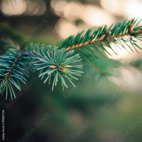 Blurred background with pine branch close-up. 3D illustration.