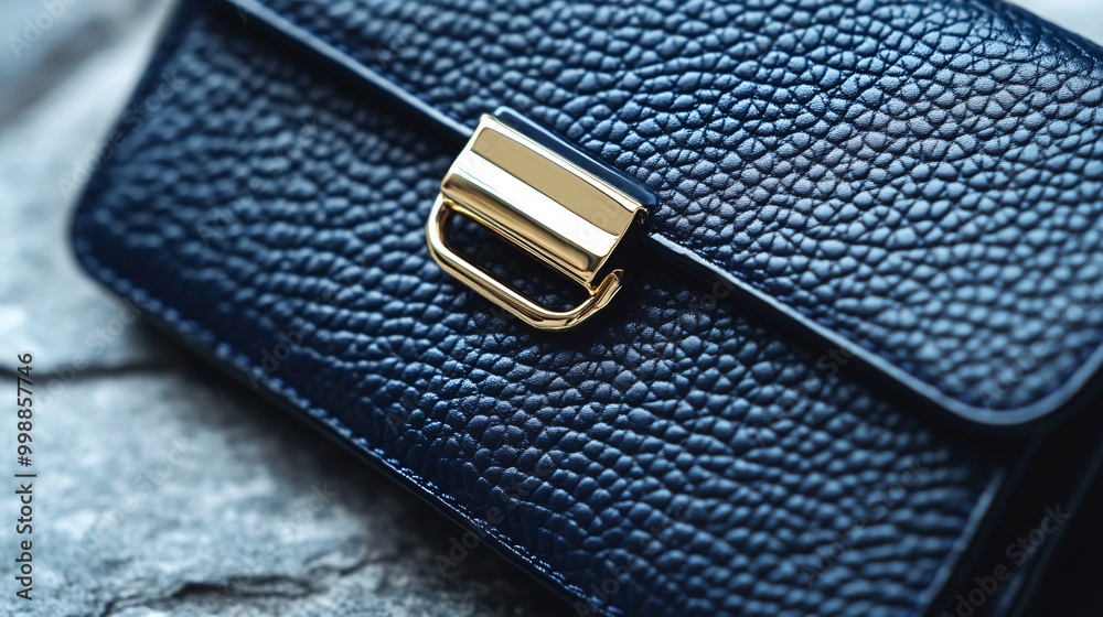 A sleek designer purse in navy blue, with a simple gold buckle and no external pockets, photographed on a minimalistic stone surface