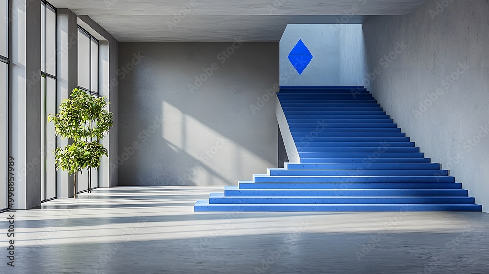 Obraz premium Blue Triangle on Painted Steps in Modern Interior