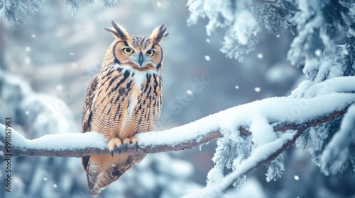 A majestic owl perched on a snow-laden branch, its keen eyes scanning the snowdrifts for prey.