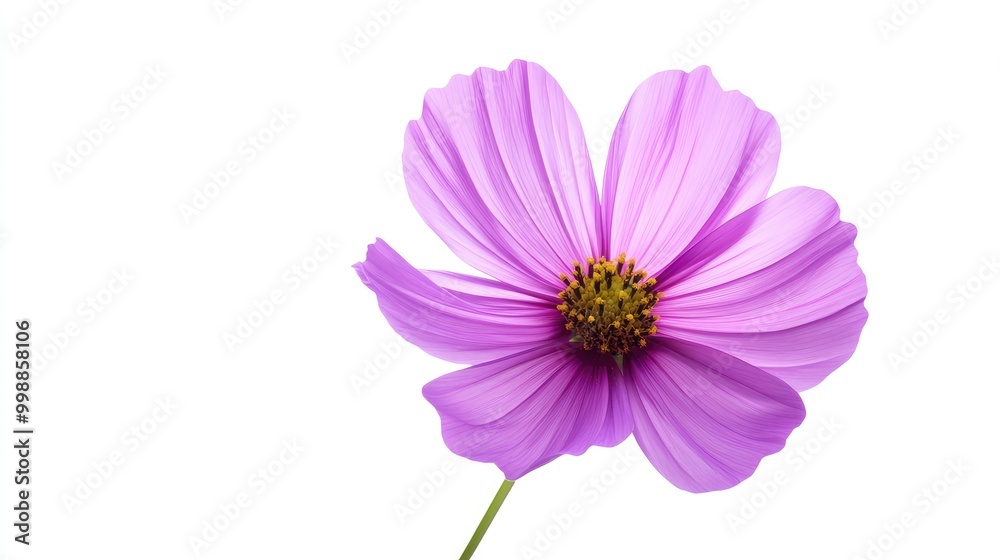 A bright purple cosmos flower, with light delicately passing through the translucent petals, contrasting against a white background