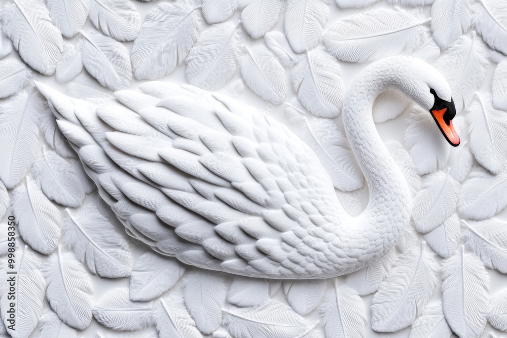Obraz premium Elegant white swan feather texture on a 3D wall, intricate design, soft curves, inviting atmosphere, perfect for elegant decor or branding, ample copy space available.