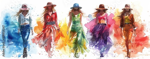 Watercolor illustrations of women in flowing, vibrant dresses showcasing top fashion trends.