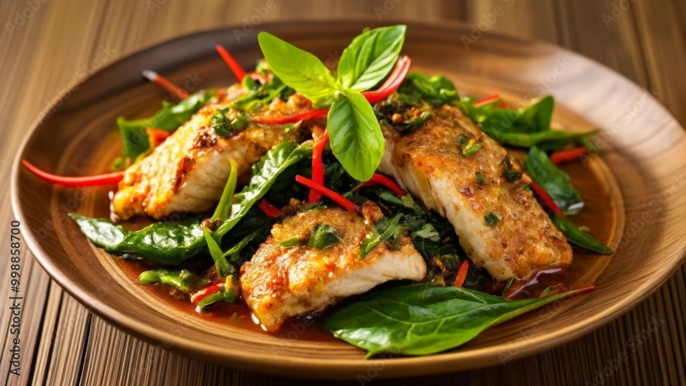 Deliciously seasoned fish fillet with vibrant greens Deliciously seasoned fish fillet with vibrant greens