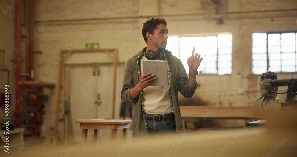 Carpentry, workshop and man with tablet for inventory, stock checklist or creative project at small business. Warehouse, wood work and carpenter on digital app for furniture, design or manufacturing Carpentry, workshop and man with tablet for inventory, stock checklist or creative project at small business. Warehouse, wood work and carpenter on digital app for furniture, design or manufacturing