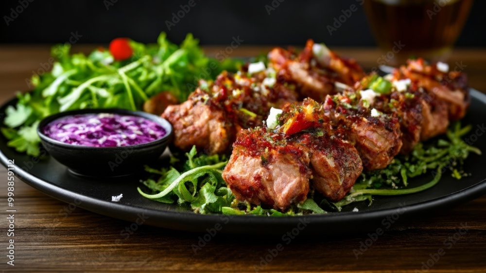 Deliciously grilled skewers with a side of vibrant slaw ready to be savored Deliciously grilled skewers with a side of vibrant slaw ready to be savored
