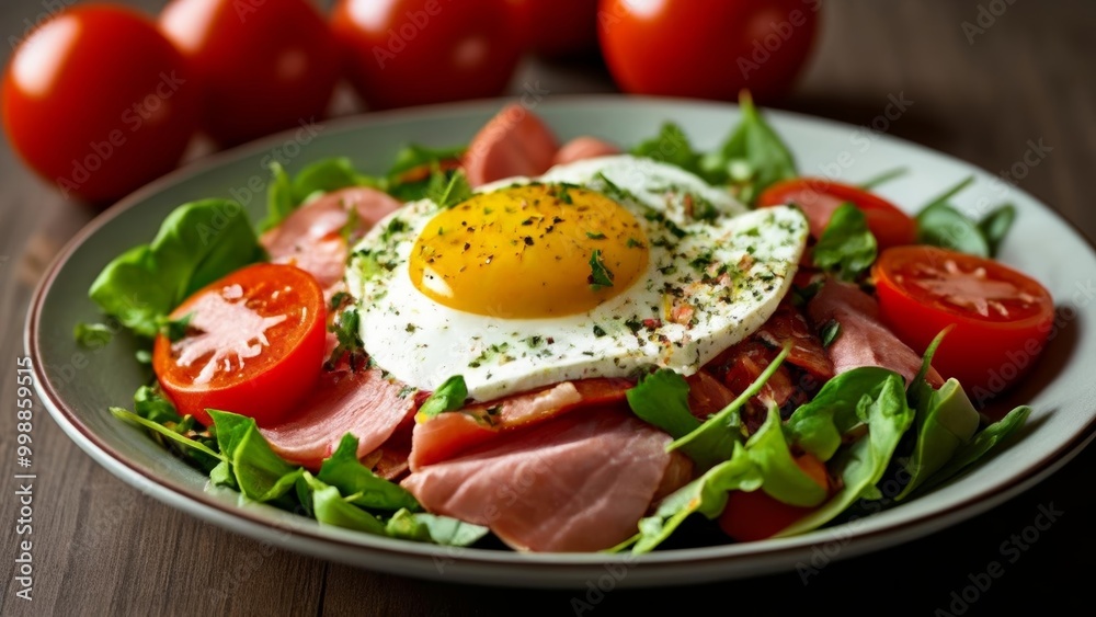 Deliciously fresh salad with a sunny side up egg Deliciously fresh salad with a sunny side up egg