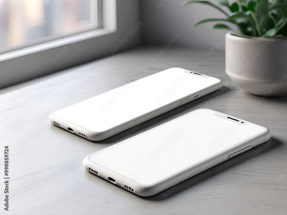 Two White Smartphones on Wooden Table Two White Smartphones on Wooden Table