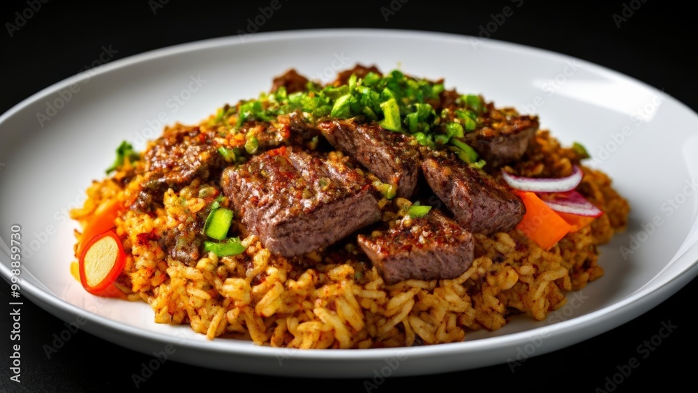 Deliciously seasoned beef and rice dish ready to be savored Deliciously seasoned beef and rice dish ready to be savored