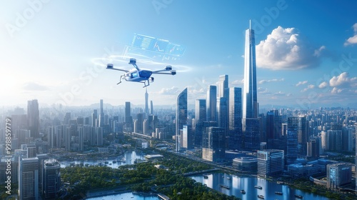 A futuristic skyline with a drone flying above, showcasing modern architecture, greenery, and advanced technology.