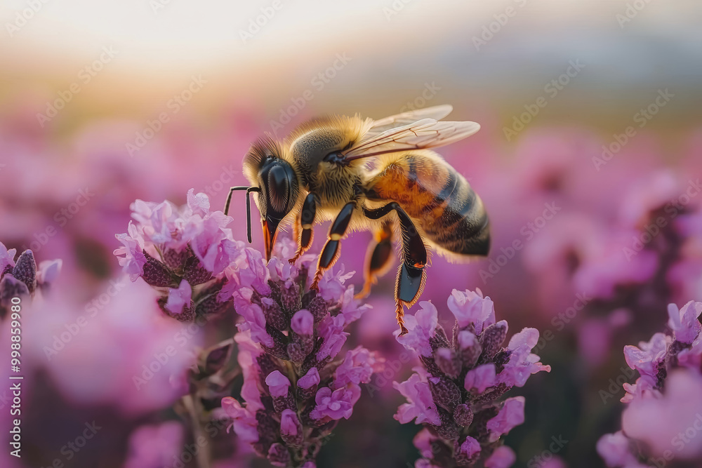 A bee pollinating flowers in a garden, highlighting the importance of biodiversity. Concept of agriculture. A bee pollinating flowers in a garden, highlighting the importance of biodiversity. Concept of agriculture.
