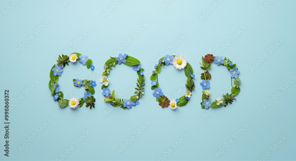 Text made of flowers and leaves showcasing good vibes and floral art design Text made of flowers and leaves showcasing good vibes and floral art design