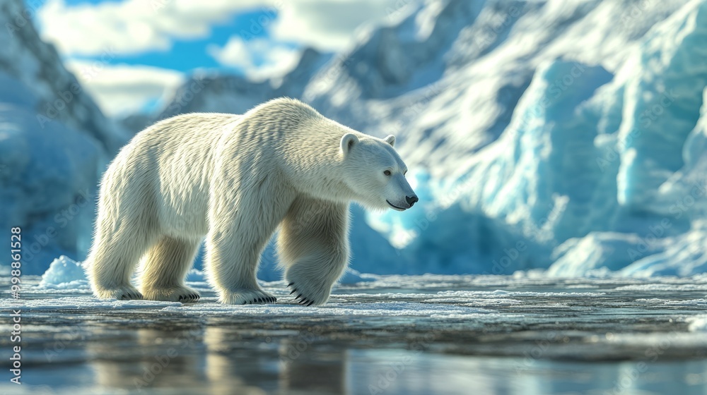 Polar bear walking across an icy landscape, majestic winter wildlife Polar bear walking across an icy landscape, majestic winter wildlife