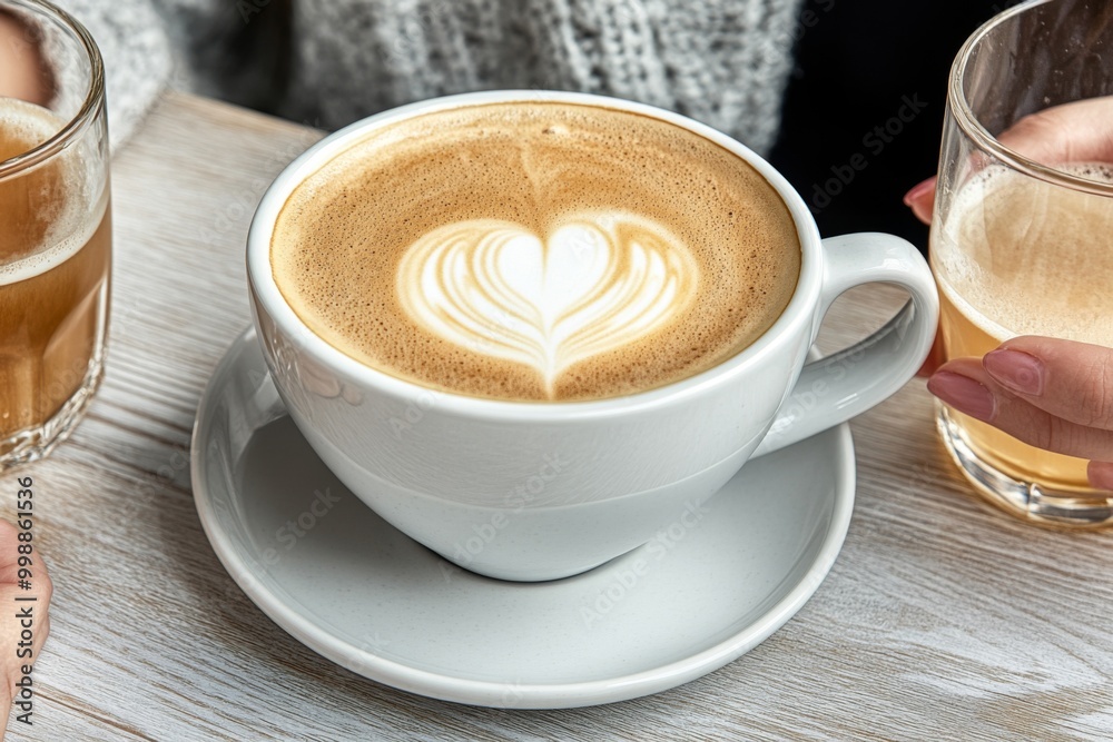 Cozy Café Scene, a closeup of a coffee cup on a table surrounded by people enjoying their drinks, inviting atmosphere, ample space for text, vibrant social setting