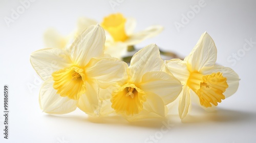 A cluster of yellow daffodils, their thin, translucent petals glowing with light against a stark white background