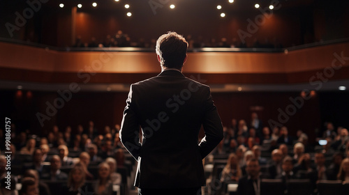 A man in a suit stands on stage, facing a large audience with bright lights overhead, symbolizing leadership, public speaking, and professional success.
