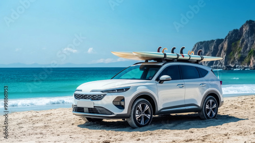 Beachside Adventure, couple enjoying a road trip along the coast, car parked near the shore, surfboards atop, embracing an adventurous lifestyle by the ocean, vibrant scenery