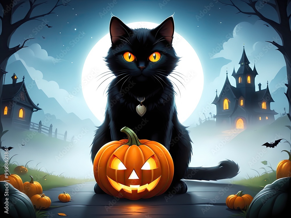 Witchs Cat in Magical Hat Near Evil Pumpkin Haunted Forest Halloween Night Illustration