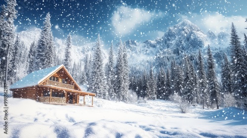 Sparkling snowflakes swirling around a cozy log cabin nestled amongst snow-capped pines. Escape the ordinary this winter