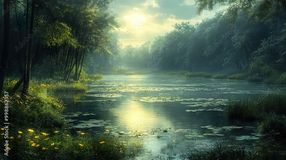 Sunlit River in a Misty Forest: Tranquil Nature Scene Sunlit River in a Misty Forest: Tranquil Nature Scene