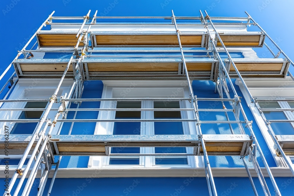 Fototapeta premium Scaffolding is being erected for a construction project on a sunny day