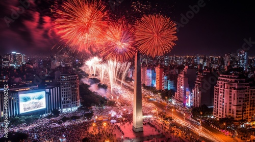 new year's eve in buenos aires, argentina, with fireworks exploding over the obelisk and avenida 9 de julio, symbolizing a vibrant celebration in the heart of the city.