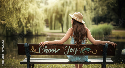 Woman sitting on a bench enjoying lifestyle joy in a serene park setting photo